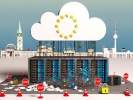 Illustration einer riesigen Cloud über Berlins Skyline, halb futuristisch und halb voller veralteter Technik, deutsche Fahnen und digitale Stoppschilder symbolisieren den Konflikt von Innovation und Bürokratie.