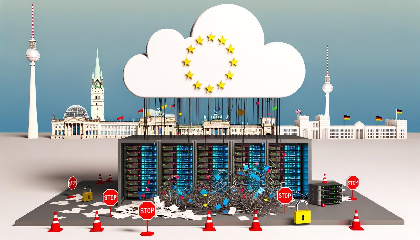 Illustration einer riesigen Cloud über Berlins Skyline, halb futuristisch und halb voller veralteter Technik, deutsche Fahnen und digitale Stoppschilder symbolisieren den Konflikt von Innovation und Bürokratie.