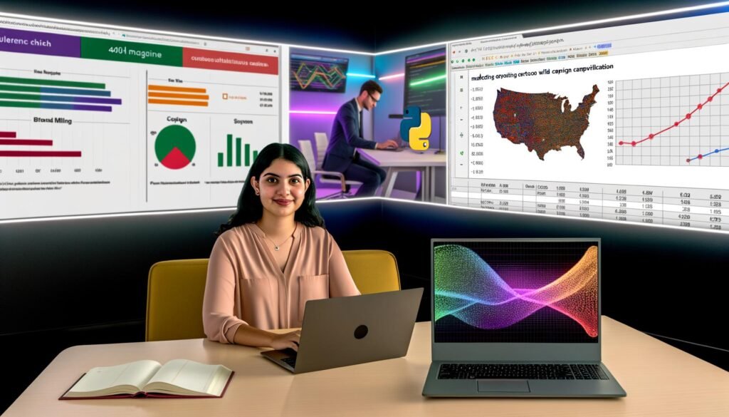 Junge Marketing-Expertin vor großem Bildschirm mit Python-Code und datengetriebenen Visualisierungen, daneben Laptop mit Excel-Tabelle, dynamische Kampagnenergebnisse auf Leuchtwänden im Hintergrund.