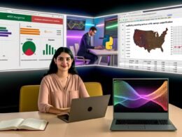 Junge Marketing-Expertin vor großem Bildschirm mit Python-Code und datengetriebenen Visualisierungen, daneben Laptop mit Excel-Tabelle, dynamische Kampagnenergebnisse auf Leuchtwänden im Hintergrund.