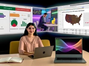 Junge Marketing-Expertin vor großem Bildschirm mit Python-Code und datengetriebenen Visualisierungen, daneben Laptop mit Excel-Tabelle, dynamische Kampagnenergebnisse auf Leuchtwänden im Hintergrund.
