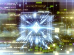 Dynamische Illustration eines modernen Data-Workspaces mit leuchtendem NumPy-Array, Codeschnipseln, Broadcasting-Diagrammen und stilisierten Excel- sowie Pandas-Tabellen im Hintergrund.