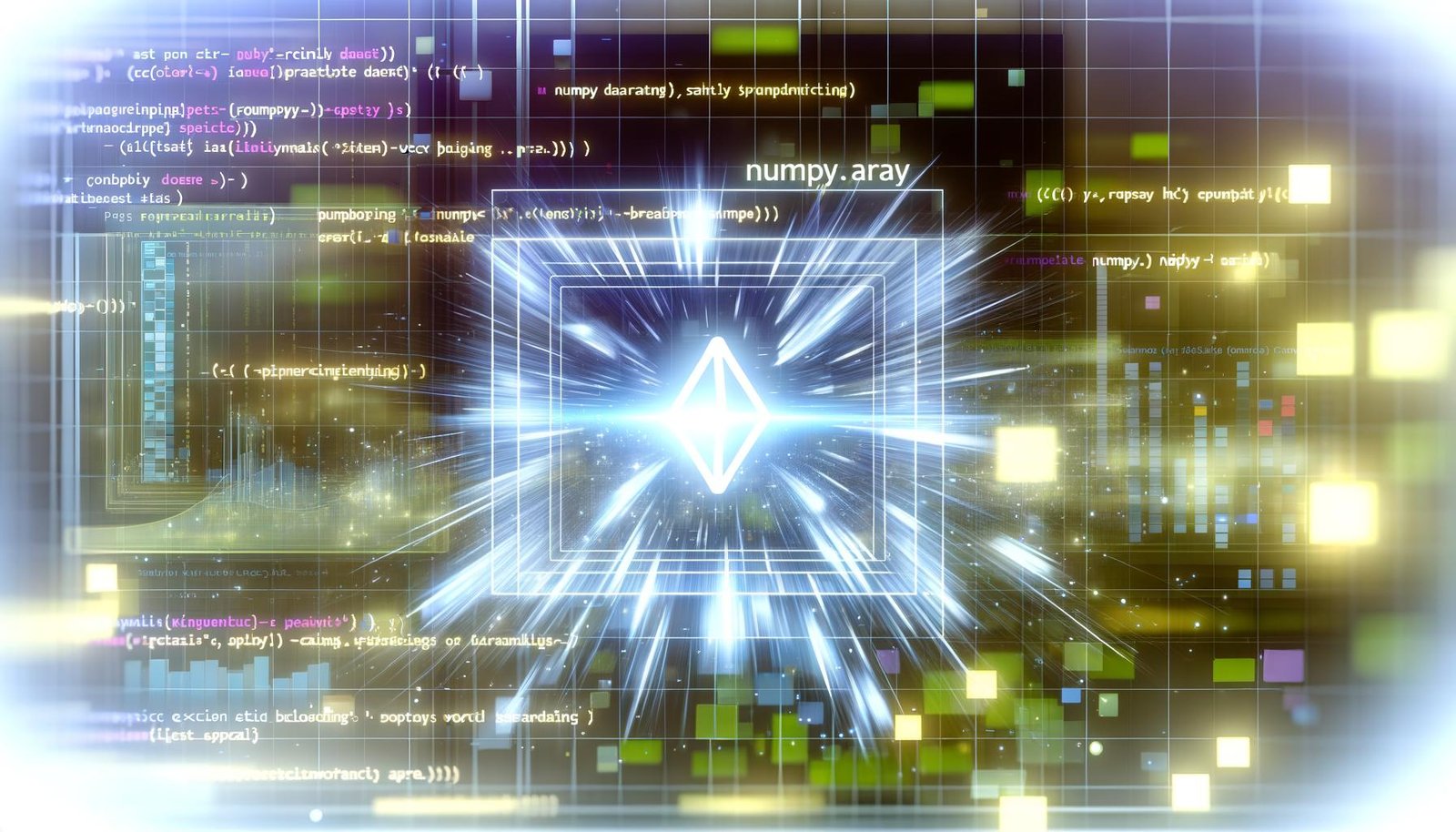 Dynamische Illustration eines modernen Data-Workspaces mit leuchtendem NumPy-Array, Codeschnipseln, Broadcasting-Diagrammen und stilisierten Excel- sowie Pandas-Tabellen im Hintergrund.