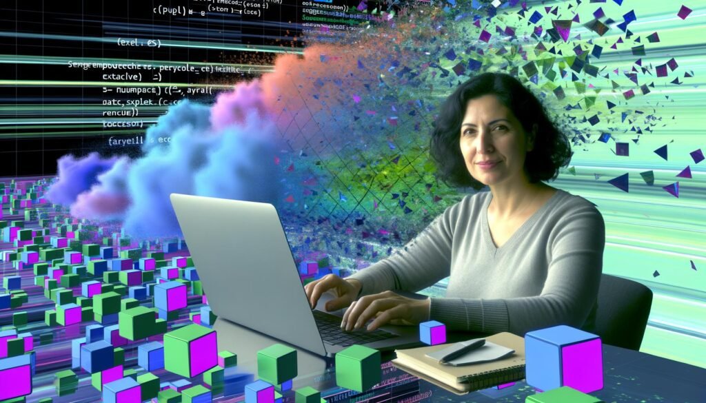 Selbstbewusste Person mittleren Alters arbeitet an einem Laptop mit Python NumPy-Array, während Excel-Tabellen als zerfallende Wolken visualisiert sind und leuchtende NumPy-Blöcke rasant wachsen. Im Hintergrund schweben Performance-Kurven und Computergrafiken für modernen Daten-Workflow.