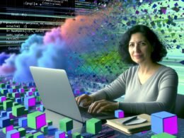 Selbstbewusste Person mittleren Alters arbeitet an einem Laptop mit Python NumPy-Array, während Excel-Tabellen als zerfallende Wolken visualisiert sind und leuchtende NumPy-Blöcke rasant wachsen. Im Hintergrund schweben Performance-Kurven und Computergrafiken für modernen Daten-Workflow.