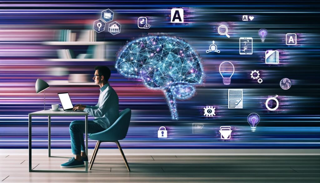 Dynamische Collage eines Solo-Publishers am Laptop im modernen Home-Office mit KI-Symbolen, Datenströmen und App-Logos für effizientes Arbeiten.