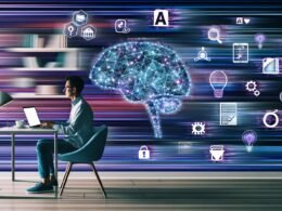 Dynamische Collage eines Solo-Publishers am Laptop im modernen Home-Office mit KI-Symbolen, Datenströmen und App-Logos für effizientes Arbeiten.