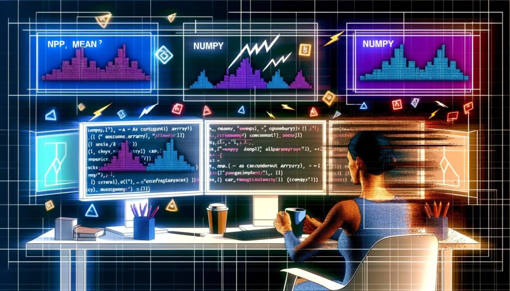 Moderne Editorial-Illustration eines Programmierers am Schreibtisch vor mehreren Monitoren mit farbigen NumPy-Arrays, Codefragmenten und Performance-Symbolen.