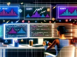 Moderne Editorial-Illustration eines Programmierers am Schreibtisch vor mehreren Monitoren mit farbigen NumPy-Arrays, Codefragmenten und Performance-Symbolen.