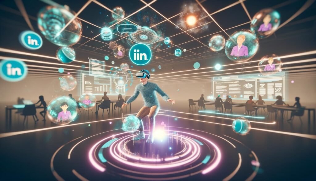 Person mit VR-Brille steuert durch einen futuristischen LinkedIn-Arbeitsraum voller holografischer 3D-Elemente und dynamischer Dashboards in neonglänzendem Design.