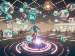 Person mit VR-Brille steuert durch einen futuristischen LinkedIn-Arbeitsraum voller holografischer 3D-Elemente und dynamischer Dashboards in neonglänzendem Design.