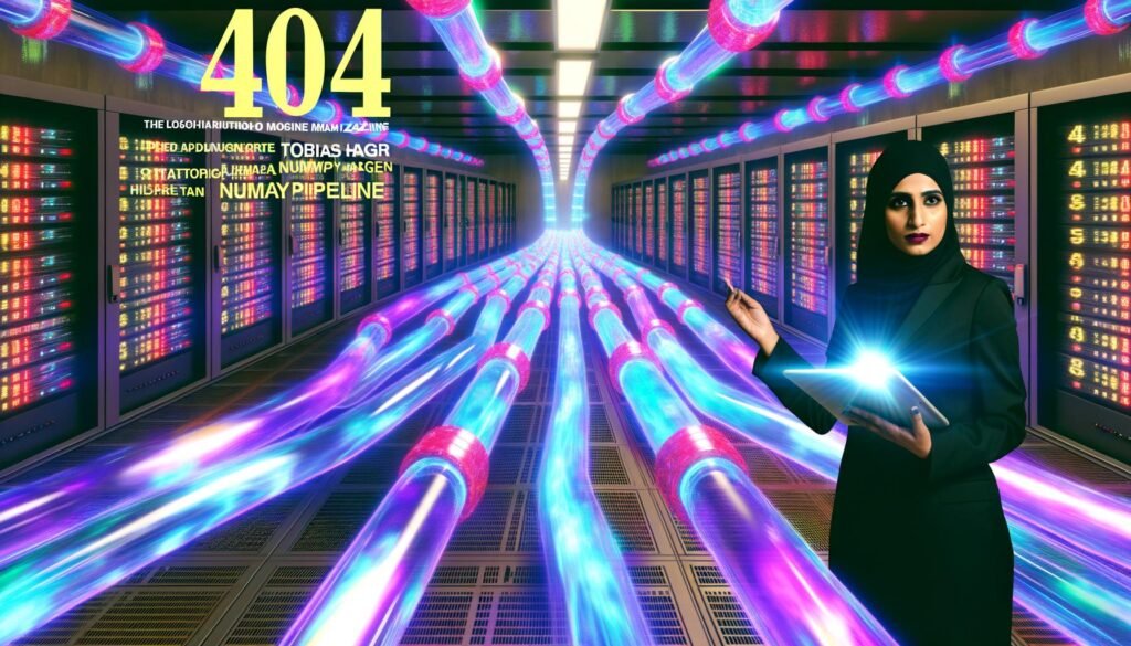 Magazin-Cover mit einem Dateningenieur, der in einem futuristischen Kontrollzentrum leuchtende Datenströme über eine virtuelle Oberfläche steuert und den Schriftzug „NumPy Pipeline“ im Hintergrund sieht.