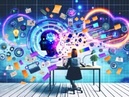 Stylischer Redakteur am Schreibtisch zwischen futuristischen KI-Interfaces, bunten Datenflüssen, Notizzetteln, Whiteboard und modernen SEO-Tools in einer dynamischen digitalen Collage.