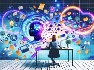 Stylischer Redakteur am Schreibtisch zwischen futuristischen KI-Interfaces, bunten Datenflüssen, Notizzetteln, Whiteboard und modernen SEO-Tools in einer dynamischen digitalen Collage.