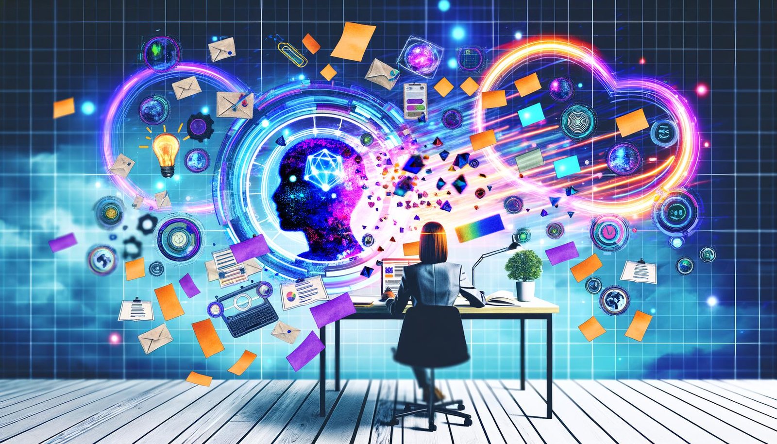 Stylischer Redakteur am Schreibtisch zwischen futuristischen KI-Interfaces, bunten Datenflüssen, Notizzetteln, Whiteboard und modernen SEO-Tools in einer dynamischen digitalen Collage.