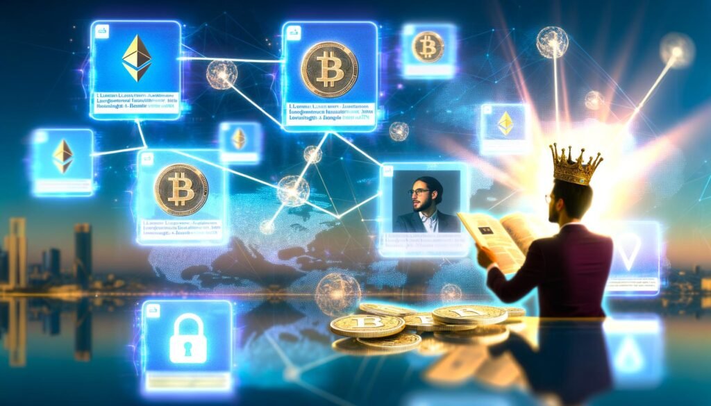 Futuristischer LinkedIn-Feed mit schwebenden Content-Boxen, hervorgehobenen NFT-Posts, Blockchain- und Wallet-Symbolen sowie einer modernen Businessperson am digitalen Analytics-Dashboard