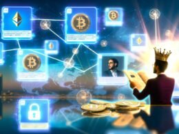 Futuristischer LinkedIn-Feed mit schwebenden Content-Boxen, hervorgehobenen NFT-Posts, Blockchain- und Wallet-Symbolen sowie einer modernen Businessperson am digitalen Analytics-Dashboard