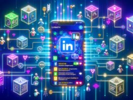 Stilisierte Darstellung eines LinkedIn-Feeds auf einem Smartphone mit Web3-Elementen wie NFTs, Token, Blockchain, Analytics-Tools und Krypto-Zahlungssymbolen im modernen, digitalen Design.