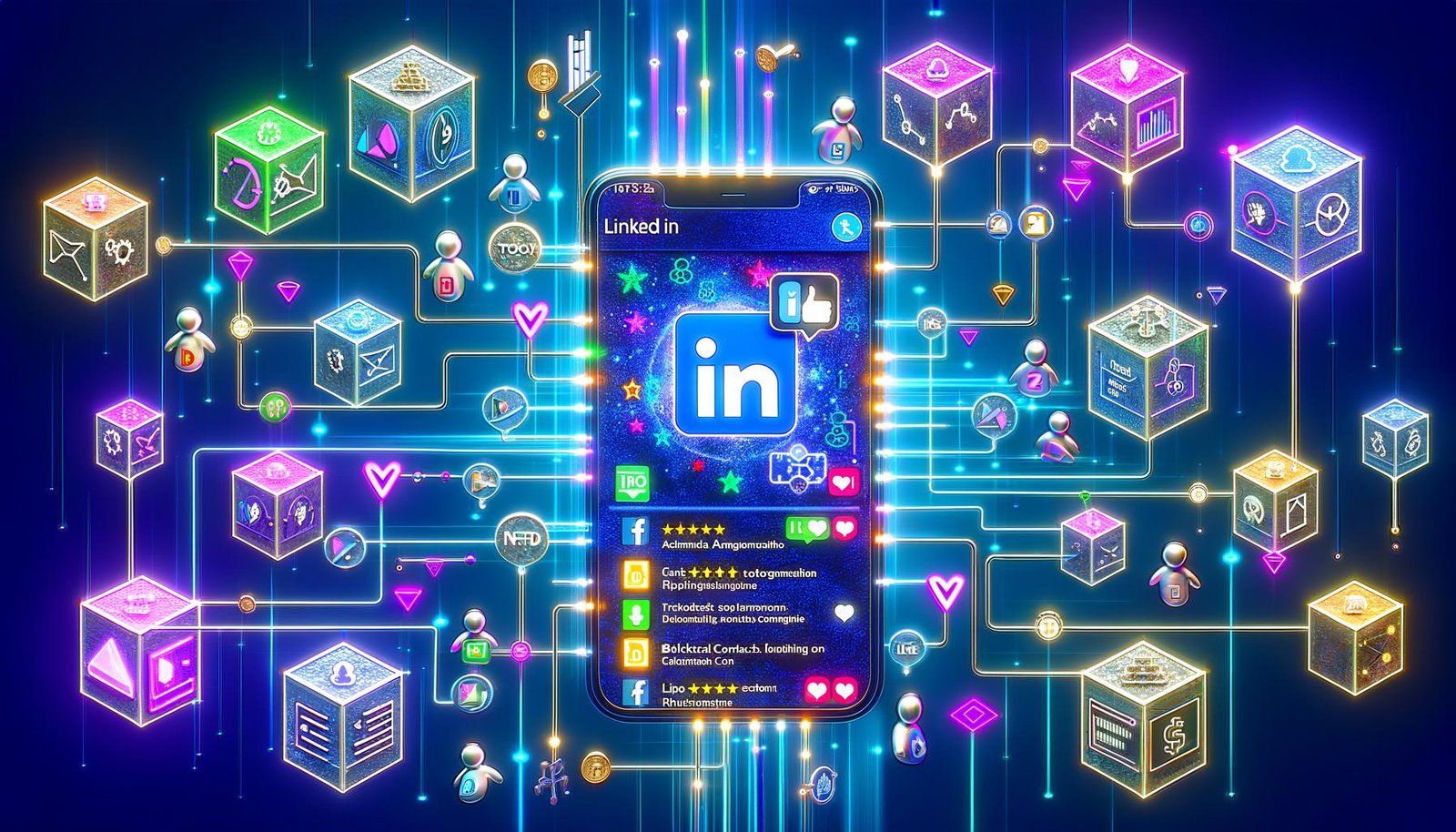 Stilisierte Darstellung eines LinkedIn-Feeds auf einem Smartphone mit Web3-Elementen wie NFTs, Token, Blockchain, Analytics-Tools und Krypto-Zahlungssymbolen im modernen, digitalen Design.