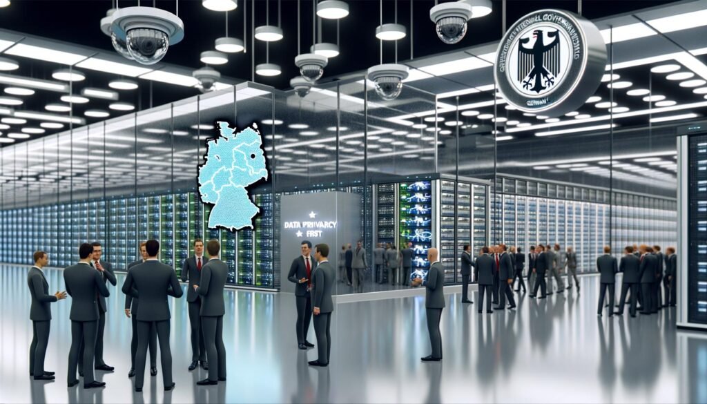 Futuristisches Datenzentrum in Deutschland mit Beamten, Serverracks, Sicherheitskameras, Deutschlandkarte und dem Fokus auf Datenschutz.