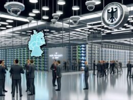 Futuristisches Datenzentrum in Deutschland mit Beamten, Serverracks, Sicherheitskameras, Deutschlandkarte und dem Fokus auf Datenschutz.