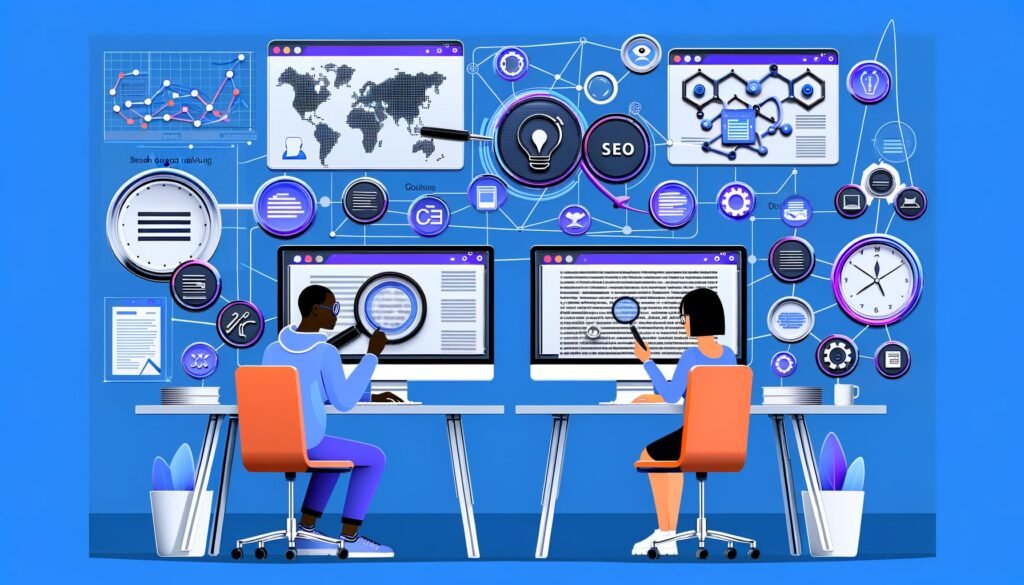 Moderne, digitale Schreibtisch-Szene mit mehreren Monitoren, Infografik zur KI-Content-Optimierung, Tool-Dashboard, dramatische Fehlerdarstellung, abstraktes SEO-KI-Netzwerk, motivierendes Team vor Datenwand und futuristische Fazitszene mit KI- und SEO-Elementen.