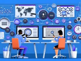 Moderne, digitale Schreibtisch-Szene mit mehreren Monitoren, Infografik zur KI-Content-Optimierung, Tool-Dashboard, dramatische Fehlerdarstellung, abstraktes SEO-KI-Netzwerk, motivierendes Team vor Datenwand und futuristische Fazitszene mit KI- und SEO-Elementen.