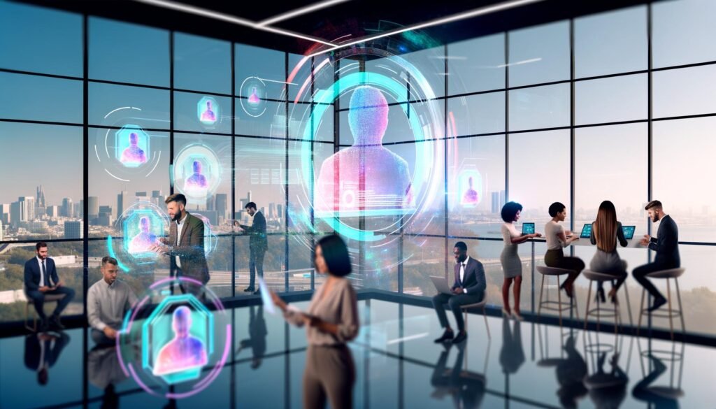 Futuristisches Büro mit Team, das an holografischem 3D-Marketinginhalt und erweiterten Realitäten arbeitet. Interaktive LinkedIn-Profil-Hologramm und moderne Technologieumgebung.