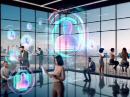 Futuristisches Büro mit Team, das an holografischem 3D-Marketinginhalt und erweiterten Realitäten arbeitet. Interaktive LinkedIn-Profil-Hologramm und moderne Technologieumgebung.