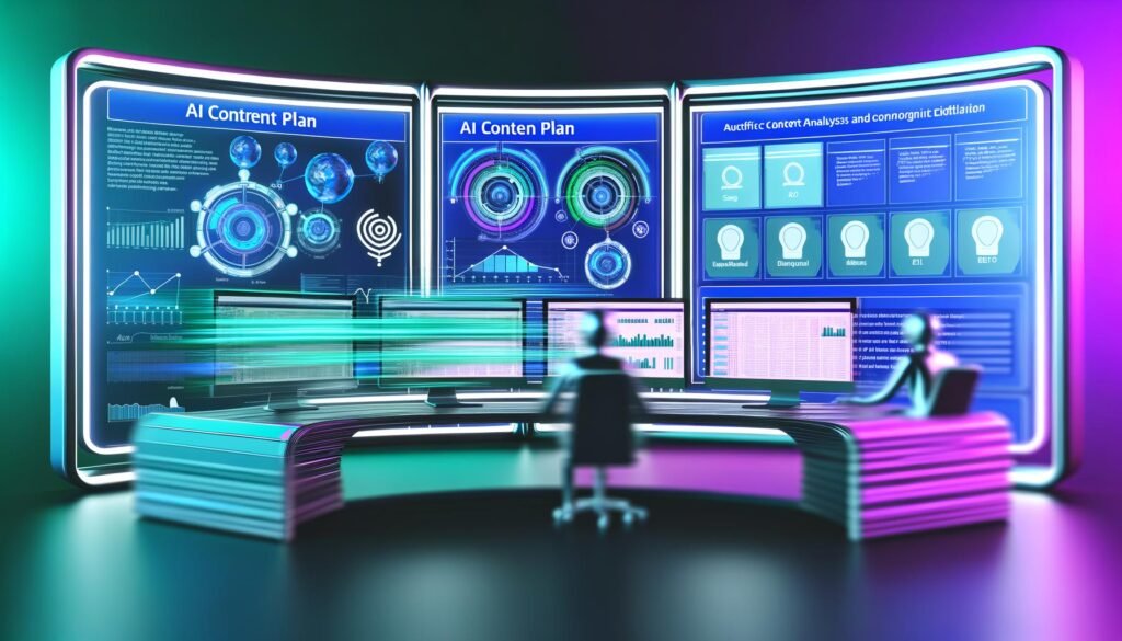 Futuristischer Arbeitsplatz mit mehreren Monitoren, die KI-gestützte Content-Analyse, digitale Zeitpläne und automatisierte Workflows in einer modernen Redaktionsumgebung zeigen.