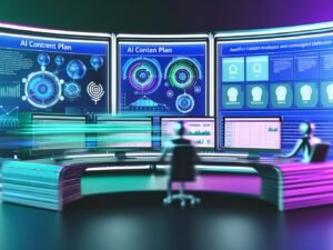 Futuristischer Arbeitsplatz mit mehreren Monitoren, die KI-gestützte Content-Analyse, digitale Zeitpläne und automatisierte Workflows in einer modernen Redaktionsumgebung zeigen.