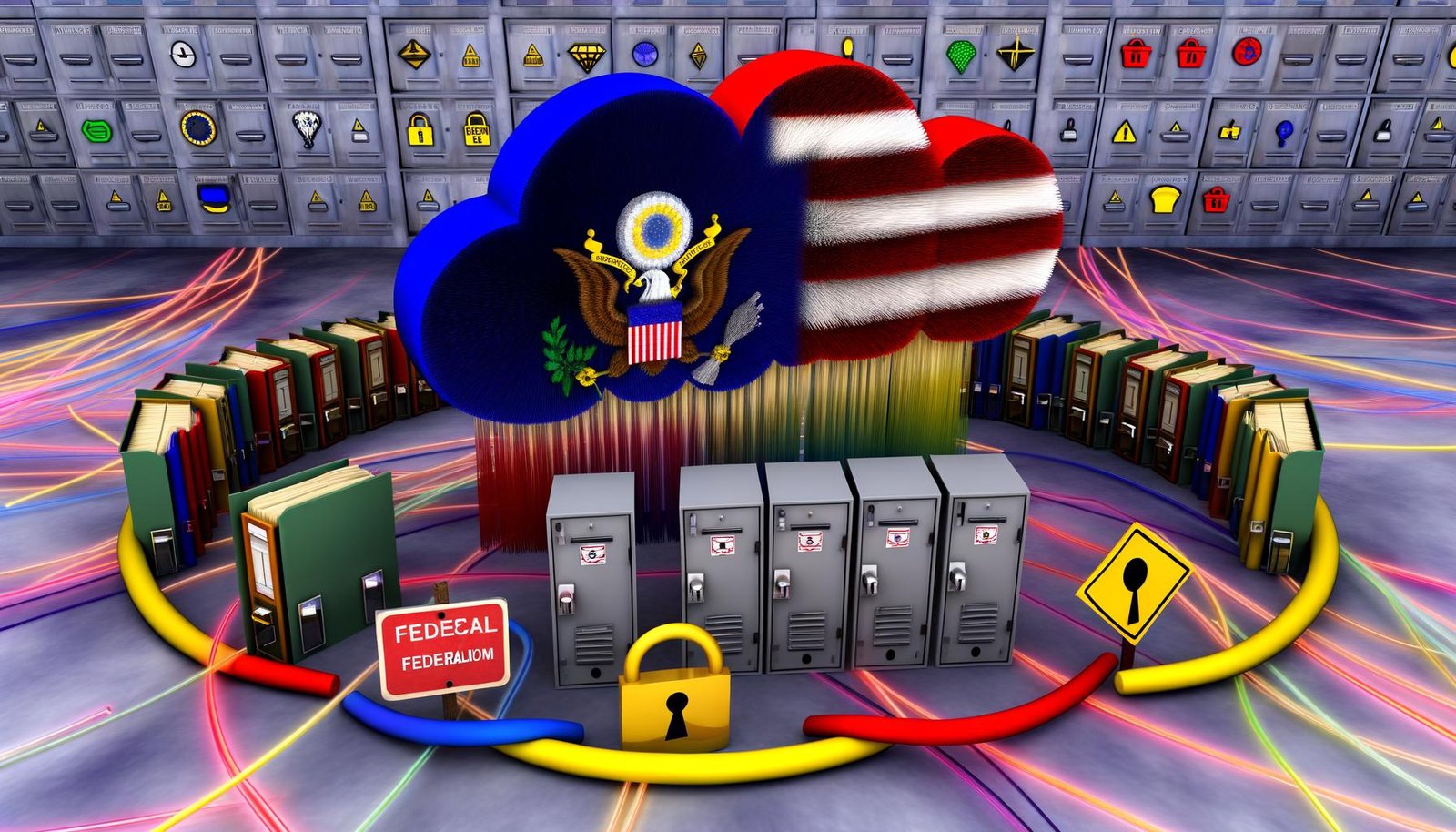 Illustration der Bundescloud mit Glasfaserkabeln, Schlössern, Bürokraten, verknoteten Aktenordnern, Servern und Länderflaggen vor digitalen Warnzeichen.