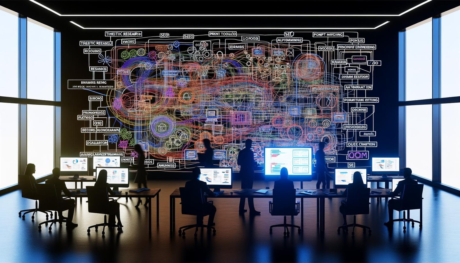 Modernes, abgedunkeltes Büro mit Whiteboard, komplexen Workflow-Diagrammen zu digitalen Marketingprozessen und Team aus Designern, Marketern und Programmierern, unterstützt von digitalen Tools wie GPT-4 und SEMrush.