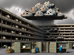 Großes, veraltetes Behördengebäude mit aus den Fenstern hängenden Computerkabeln, die sich in Puzzle-Teile und Wolken-Icons verwandeln. Im Hintergrund ragen Cloud-Logos wie Amazon, Google und Microsoft auf. Im Inneren arbeiten Bürokraten zwischen alten Rechnern und Aktenbergen.