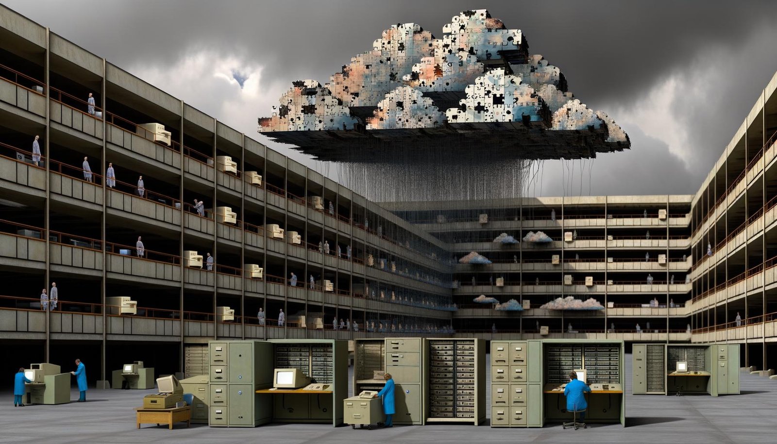 Großes, veraltetes Behördengebäude mit aus den Fenstern hängenden Computerkabeln, die sich in Puzzle-Teile und Wolken-Icons verwandeln. Im Hintergrund ragen Cloud-Logos wie Amazon, Google und Microsoft auf. Im Inneren arbeiten Bürokraten zwischen alten Rechnern und Aktenbergen.