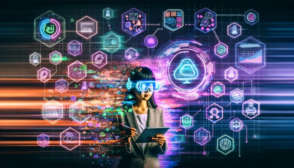 Futuristische Collage mit KI-Marketing-Dashboard, Hologrammen, klassischen Notizen und einer selbstbewussten Frau mit VR-Brille und Tablet.