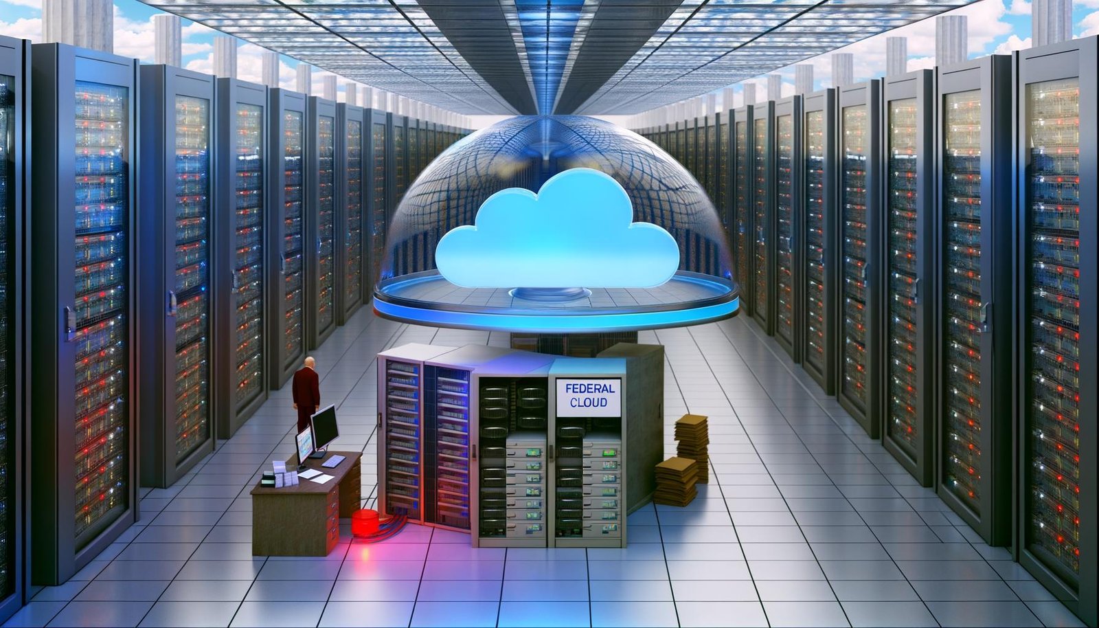 Bundescloud-Serverraum mit Bundesadler unter Glaskuppel, digitalen Datenströmen, Alt- und Neugeräten sowie einem arbeitenden Beamten