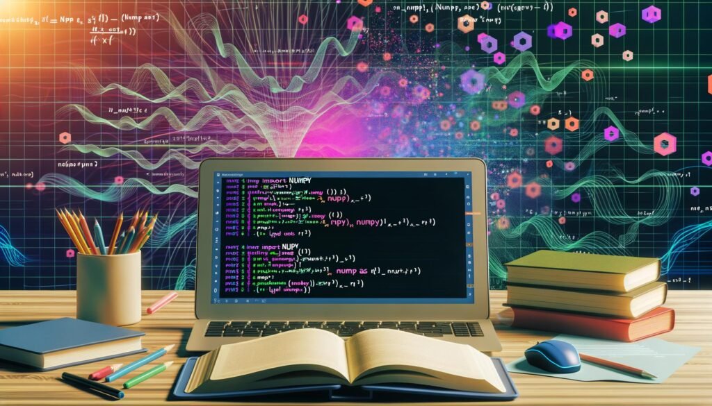 Laptop mit offenem Python-Code und NumPy-Import vor Visualisierung von Arrays und Datenplots, im Hintergrund abstrakte Datenströme und wissenschaftliche Bücher auf dem Tisch.