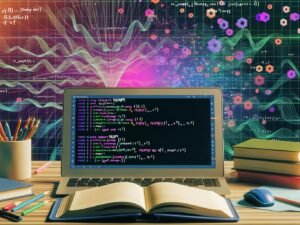 Laptop mit offenem Python-Code und NumPy-Import vor Visualisierung von Arrays und Datenplots, im Hintergrund abstrakte Datenströme und wissenschaftliche Bücher auf dem Tisch.