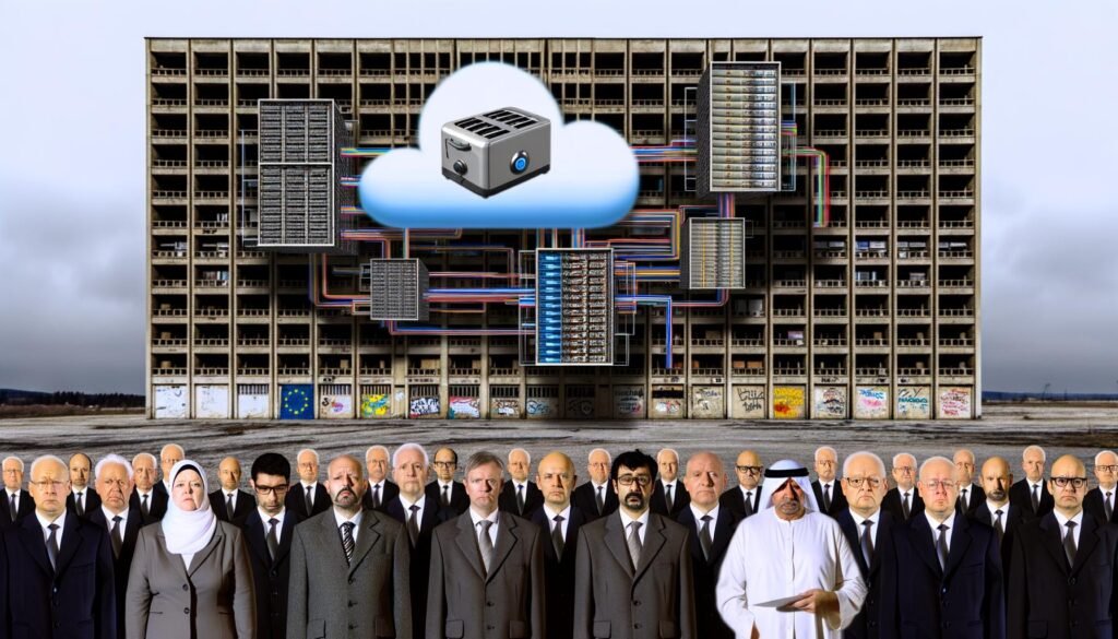 Moderne Illustration eines deutschen Bürogebäudes mit digitalen Wolken, ratlosen Verwaltungsmitarbeitern und einer PowerPoint-Präsentation über digitale Verwaltung. Verbindungskabel mit Knoten und ein symbolischer fliegender Toaster sind zu sehen.