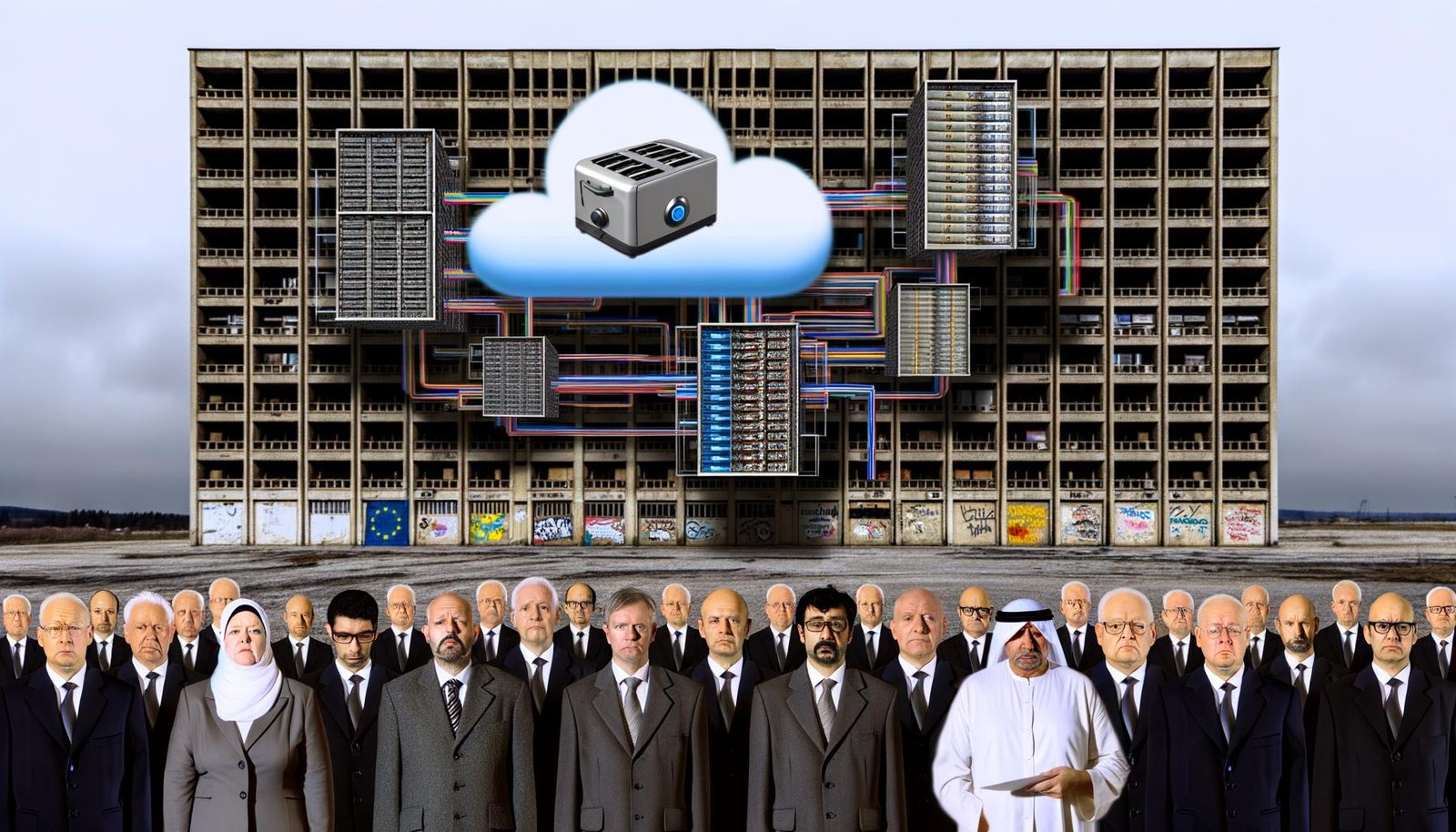 Moderne Illustration eines deutschen Bürogebäudes mit digitalen Wolken, ratlosen Verwaltungsmitarbeitern und einer PowerPoint-Präsentation über digitale Verwaltung. Verbindungskabel mit Knoten und ein symbolischer fliegender Toaster sind zu sehen.