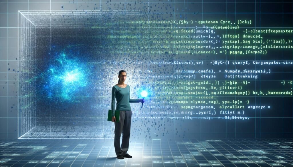 Junger Datenprofi mit NumPy Query-Symbol vor einem großformatigen digitalen Matrix-Array, im Hintergrund verblasste Excel-Tabellen und Python-Skripte