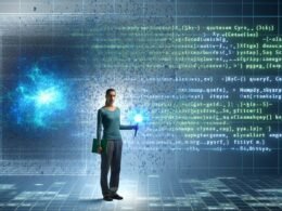 Junger Datenprofi mit NumPy Query-Symbol vor einem großformatigen digitalen Matrix-Array, im Hintergrund verblasste Excel-Tabellen und Python-Skripte