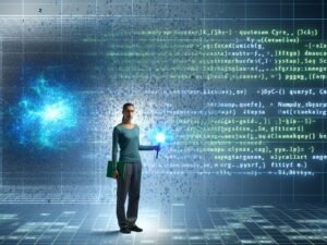 Junger Datenprofi mit NumPy Query-Symbol vor einem großformatigen digitalen Matrix-Array, im Hintergrund verblasste Excel-Tabellen und Python-Skripte