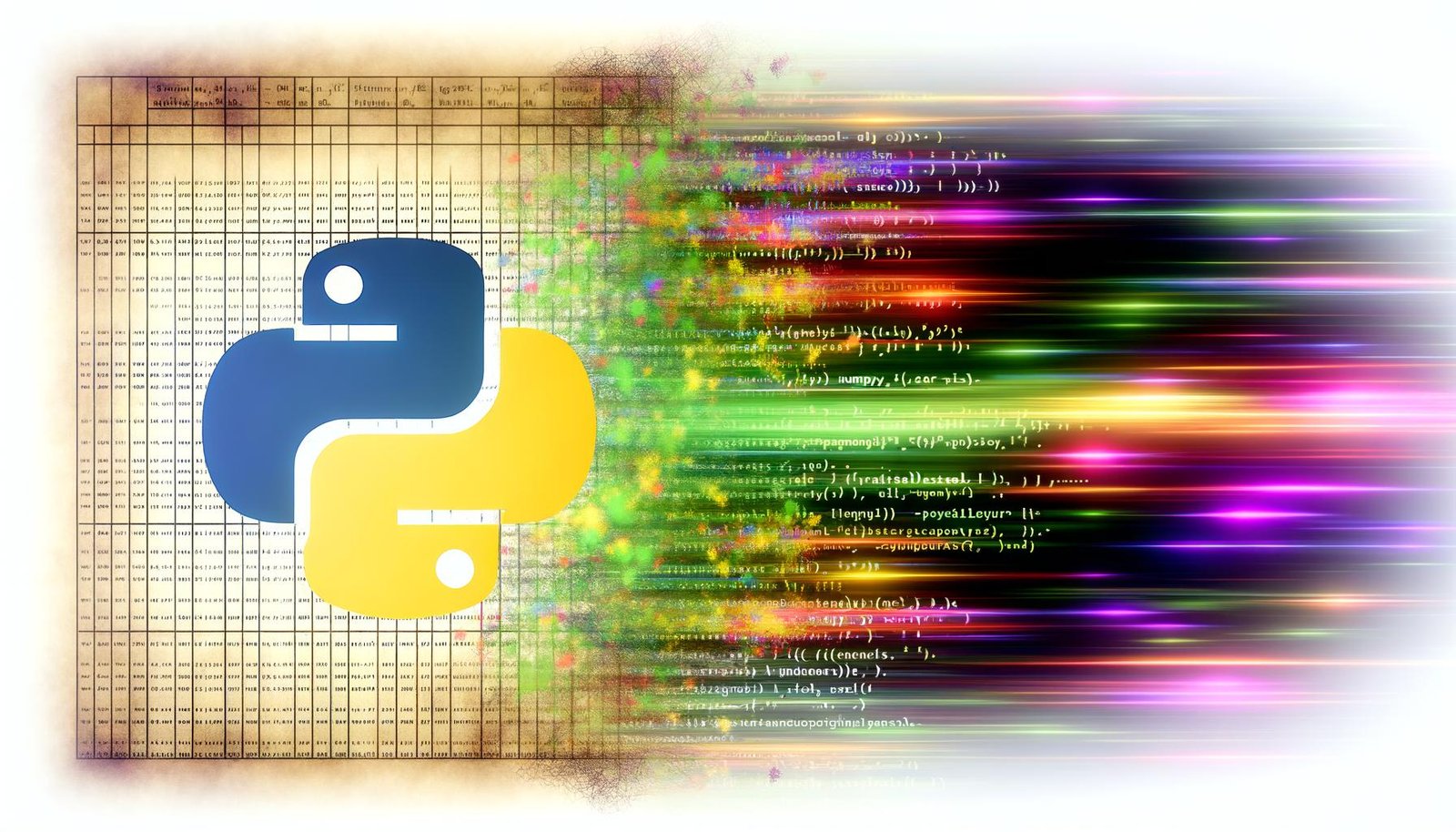 Futuristische Illustration eines mutigen Python-Codes mit NumPy-Syntax, überlagernd einer verblassenden Excel-Tabelle und farbigen Datenvisualisierungen, die Geschwindigkeit und Innovation symbolisieren.