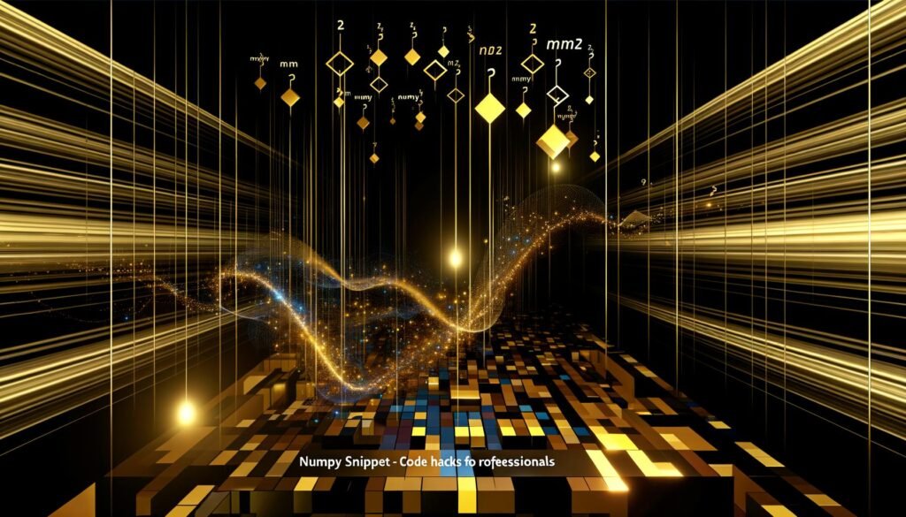 Dynamische Titelillustration mit modernem Schriftzug „NumPy Snippet – Code-Hacks für Profis“, dahinter ein dunkles Rechenzentrum, goldene Datenströme, stilisierte 3D-Arrays und schwebende mathematische Visualisierungen.