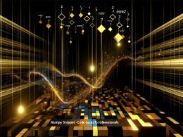 Dynamische Titelillustration mit modernem Schriftzug „NumPy Snippet – Code-Hacks für Profis“, dahinter ein dunkles Rechenzentrum, goldene Datenströme, stilisierte 3D-Arrays und schwebende mathematische Visualisierungen.