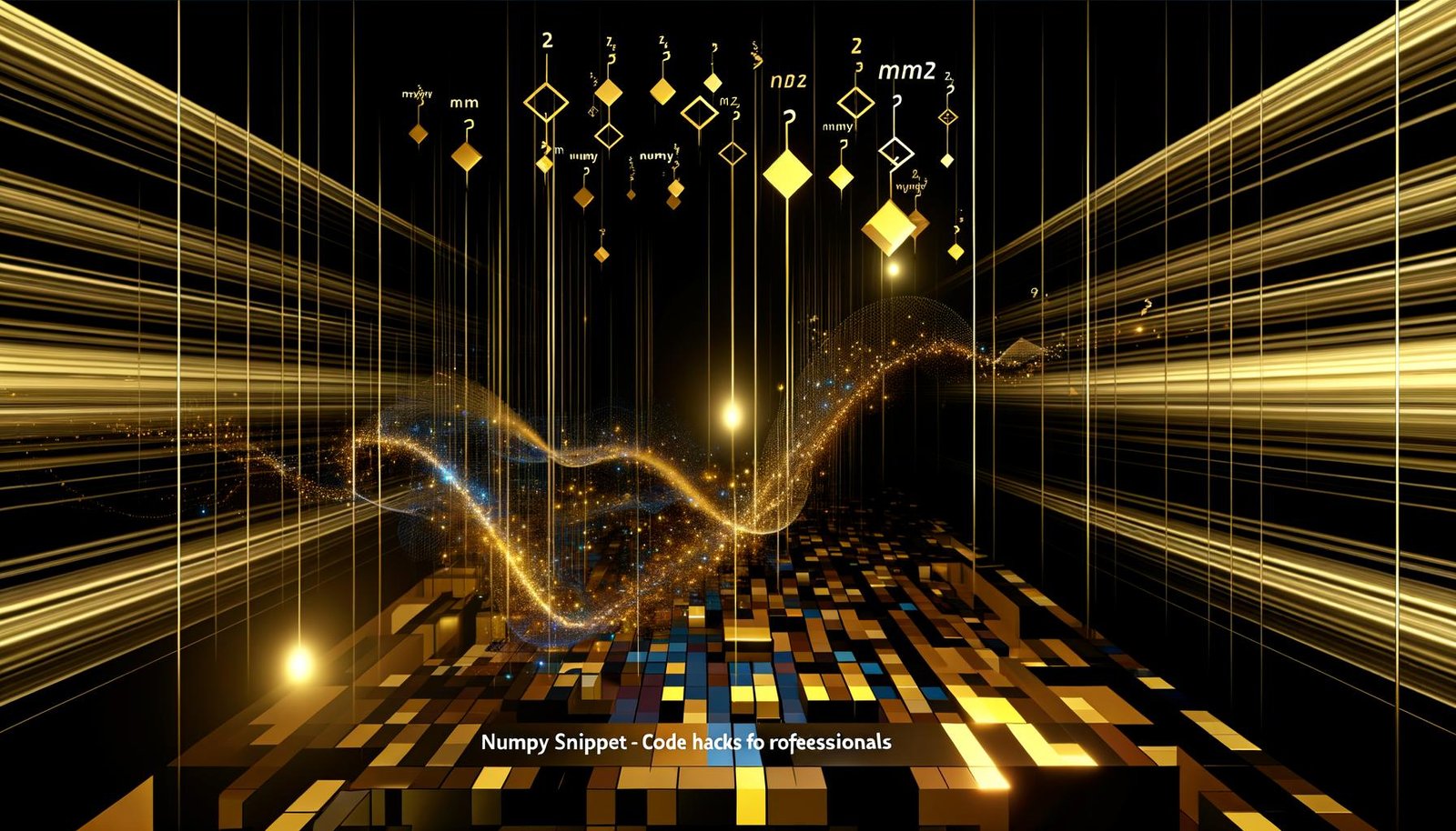 Dynamische Titelillustration mit modernem Schriftzug „NumPy Snippet – Code-Hacks für Profis“, dahinter ein dunkles Rechenzentrum, goldene Datenströme, stilisierte 3D-Arrays und schwebende mathematische Visualisierungen.