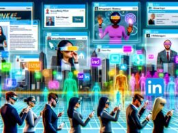 Futuristischer LinkedIn-Feed mit 3D-Modellen, AR-Filtern und virtuellen Showrooms, umgeben von diversen Fachleuten und einer digitalen Stadtsilhouette im Hintergrund.
