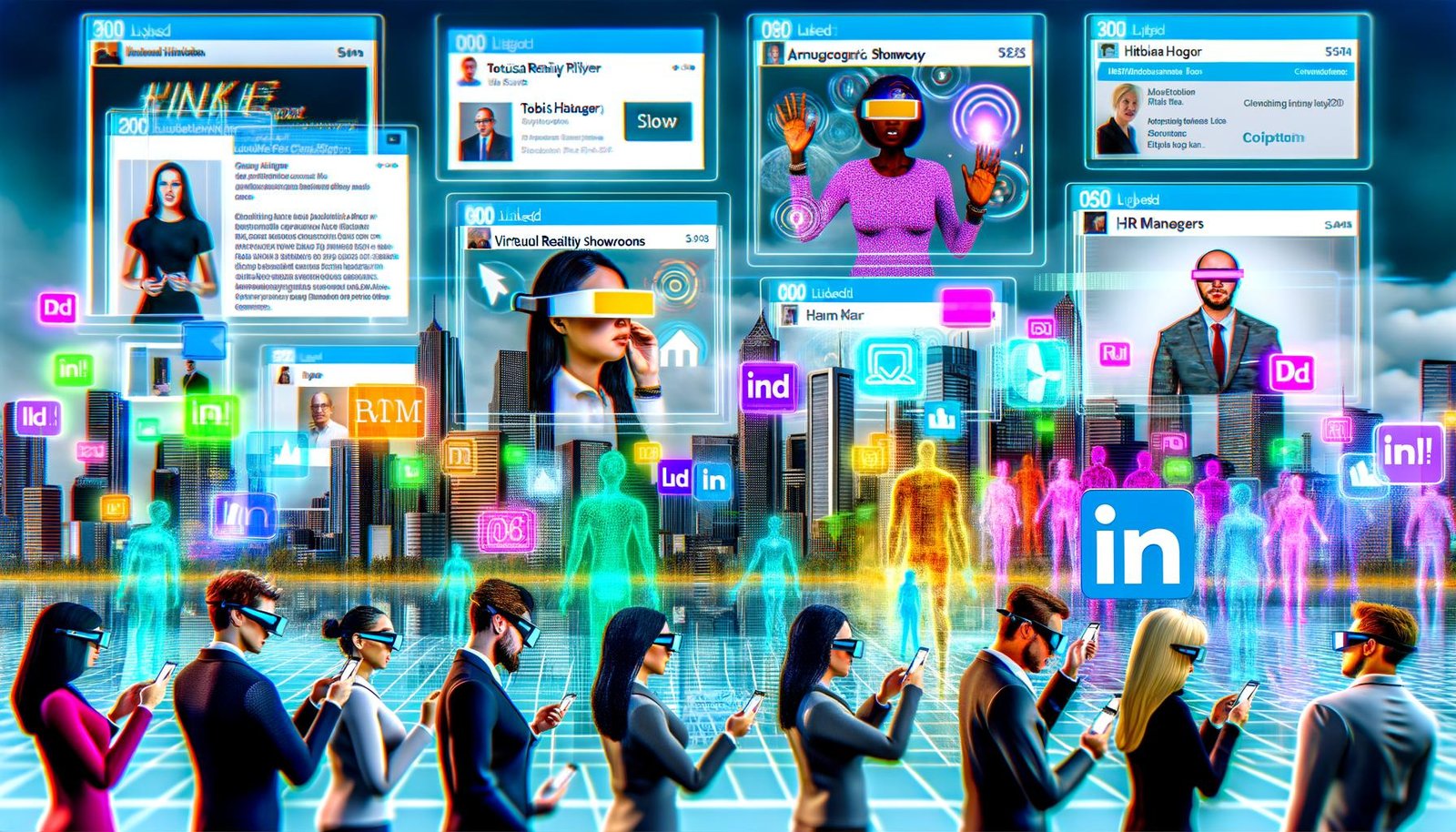 Futuristischer LinkedIn-Feed mit 3D-Modellen, AR-Filtern und virtuellen Showrooms, umgeben von diversen Fachleuten und einer digitalen Stadtsilhouette im Hintergrund.